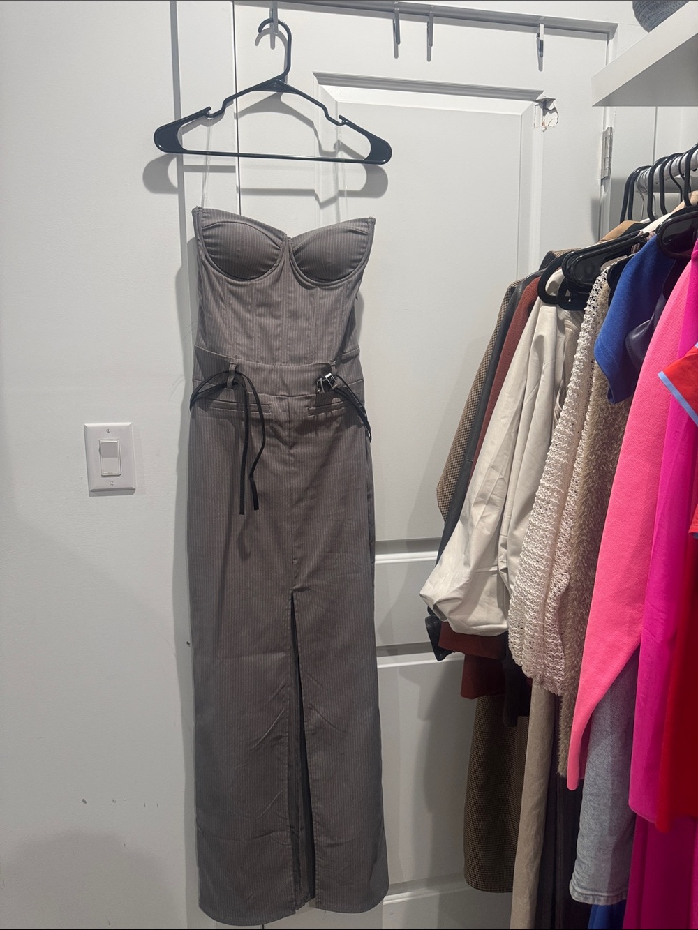 Strapless pin stripe Gray Maxi Dress with Corset Bodice